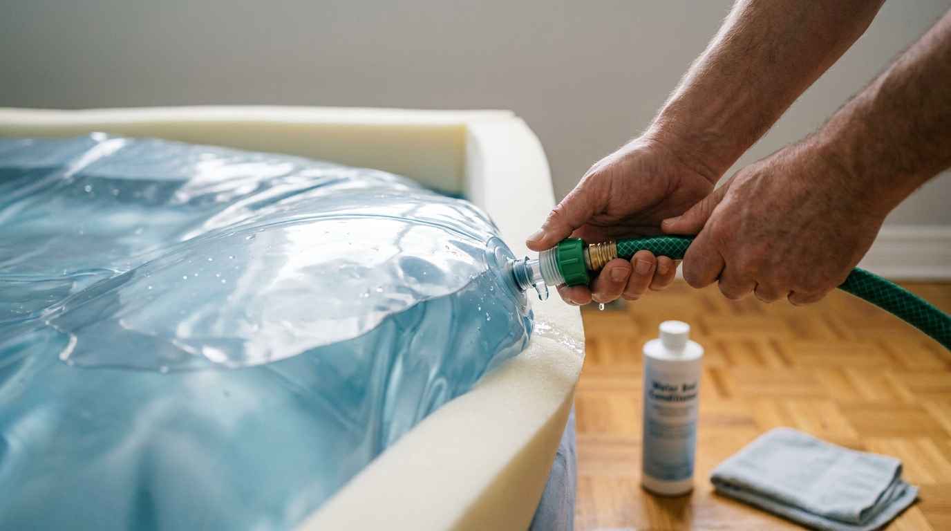 Personne en train de remplir son matelas à eau avec un kit spécial