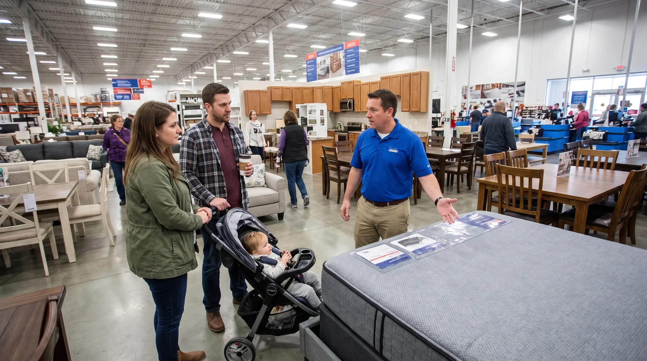 Vendeur invitant un couple à tester un matelas en magasin
