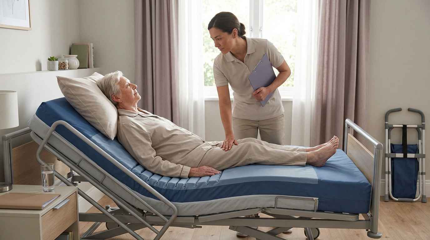 Une personne âgées allongée sur un matelas anti-escarres classe 2 pour des besoins médicaux.