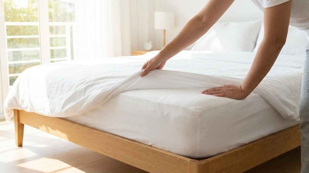 Installation d’une housse anti-acariens sur un matelas