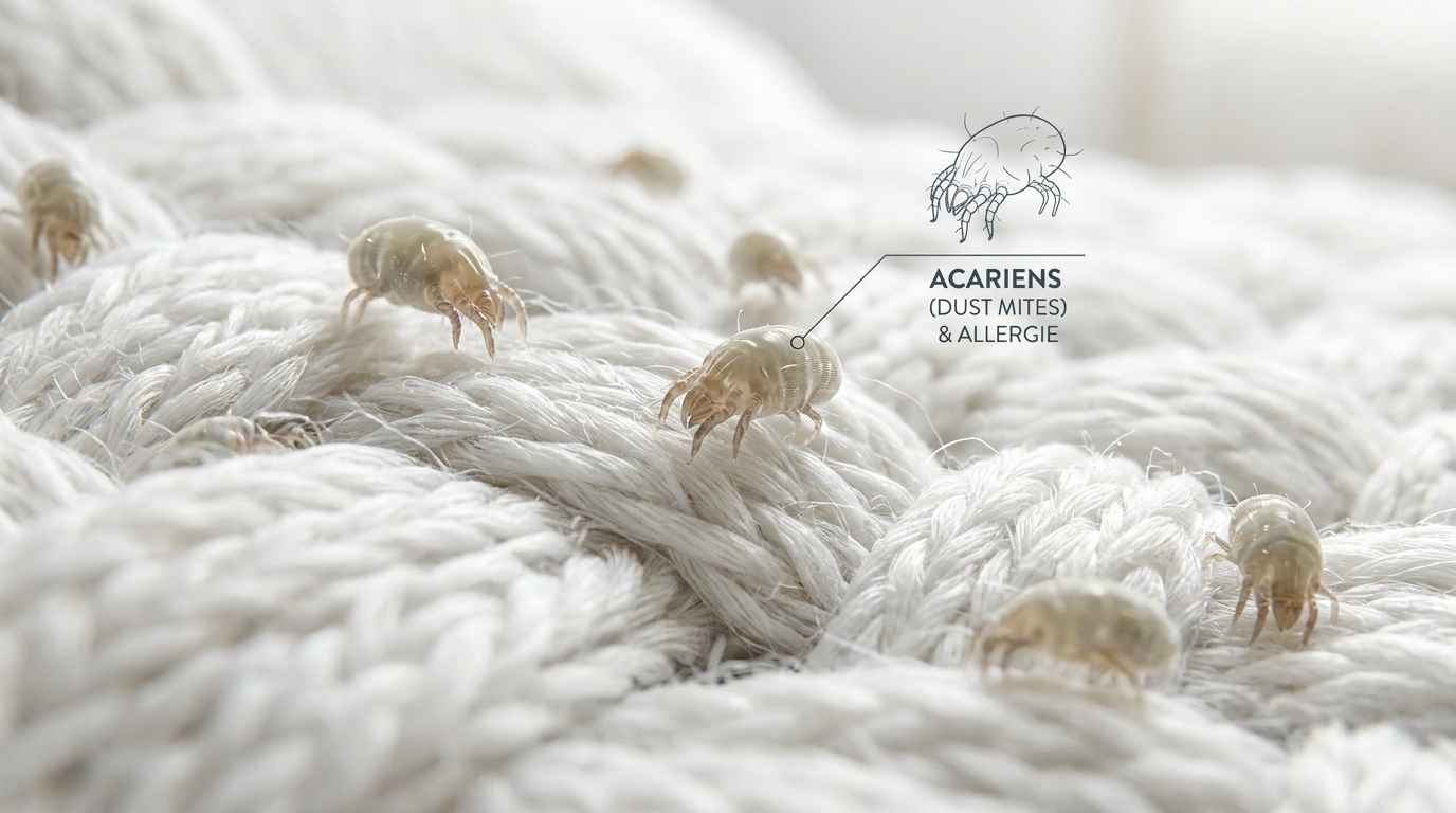 Gros plan de fibres de matelas avec acariens, pour illustrer le choix d’un matelas anti-allergique